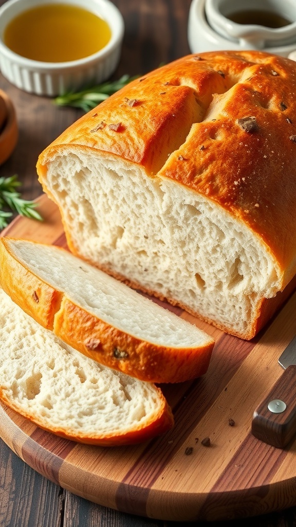 Gluten-Free Bread with Caputo Flour Recipe A golden-brown loaf of gluten-free bread made with Caputo flour, sliced and displayed on a wooden board.